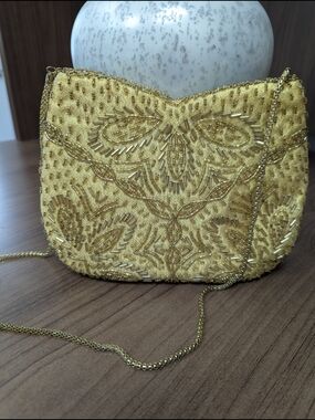 Vintage Gold Beaded Evening Crossbody Bag